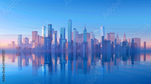 panoramic view of a bustling city skyline, where buildings adorned with countless glass windows