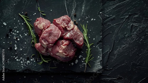 Artistic close-up of raw beef cuts bound with twine, seasoned with rosemary on a dark, textured background