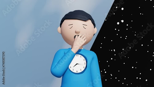 A yawning man with clock spinning in his chest as background revolves from night to day and back again.  photo