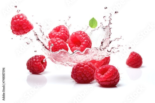 Raspberry in splash and swirl, minimal isolated on white background. Fresh raspberry flying splashing, berry closeup.