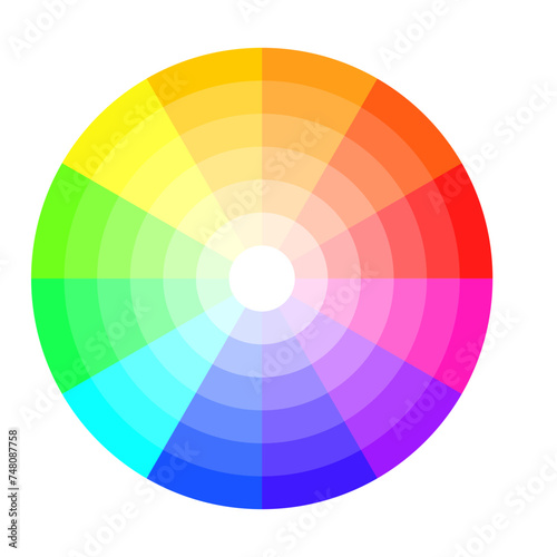 Color wheel, vector illustration. Color wheel isolated circle on white background, with twelve colors in gradations.