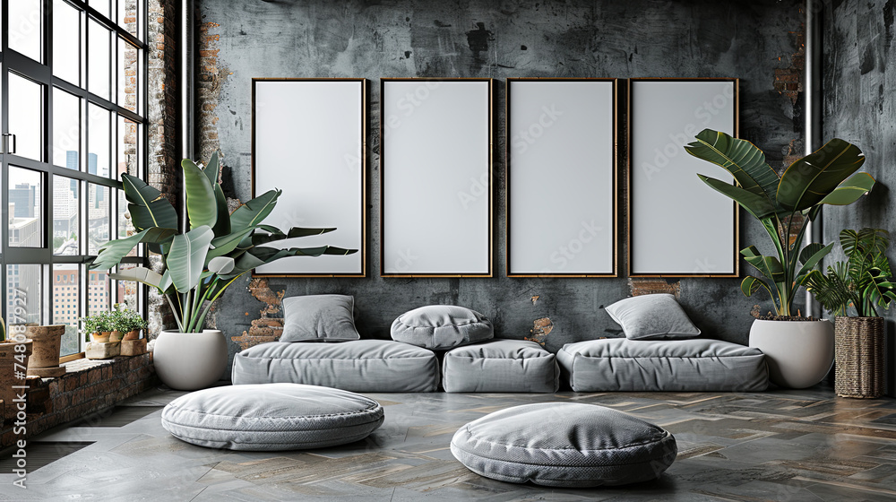 A modern loft room with Brutalist design elements, grunge textures on walls, and contemporary furniture. Green plants add a touch of nature. A modern loft room with Brutalist design elements, grunge textures on walls, and contemporary furniture. Green plants add a touch of nature.