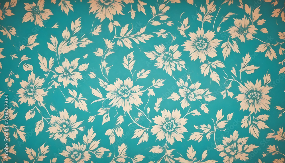 turquoise-white old vintage paper wallpaper with a floral pattern