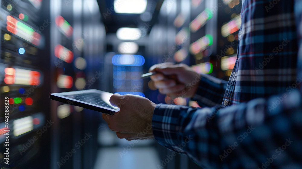 An engineer using a tablet to monitor cloud computing resources, with server racks in the background, emphasizing remote management, cloud computing concept, blurred background, wi - obrazy, fototapety, plakaty 