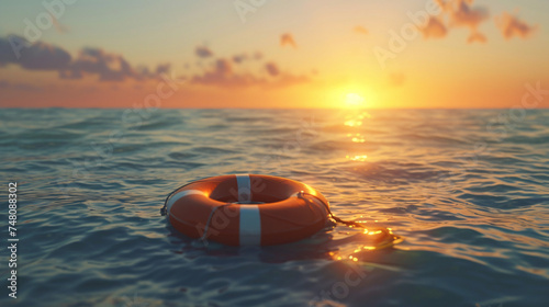 Lifebuoy floating on open sea at sunset. Rescue.