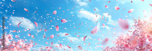 pink blossoms falling from the  sky  on blue sky background,	pink cherry blossoms wallpaper banner, empty space background
 photo