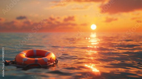 Lifebuoy floating on open sea at sunset. Rescue.