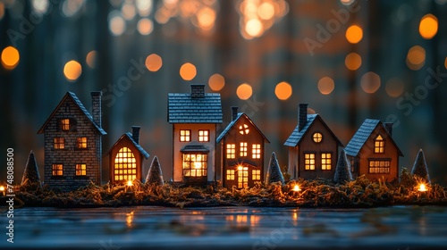 autumn background wallpaper, small house village in forest with bokeh light, Generative Ai