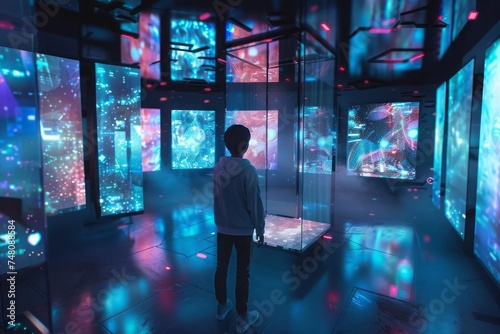 Holographic displays showcase a vast array of knowledge and skills Person navigates this virtual space engaging with interactive educational content that contributes to their constant self-improvement photo