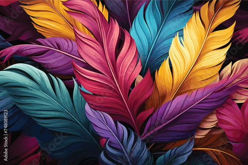 Pattern feathers vintage design style beautiful colorful background A painting of blue, orange and red colored feathers