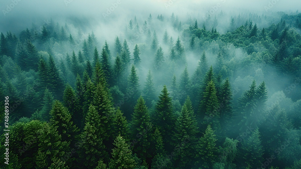 Forest in the fog, top view. Background. Created with Generative AI - obrazy, fototapety, plakaty 