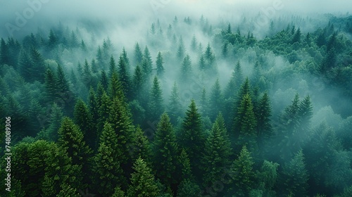 Forest in the fog, top view. Background. Created with Generative AI © Yevhen