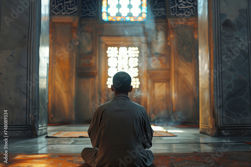 close up back view man praying in islamic mosque. ramadan kareem holiday celebration concept