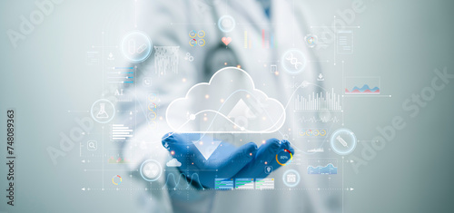 Medical worker touch cloud computing icon network. Cloud technology,Cloud data transfer and online data storage for business network confidential data of medical internet storage network.