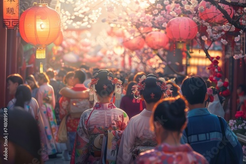 A traditional Chinese celebration during the Spring Equinox. A bustling market square, with people clad in colorful Hanfu clothing, surrounded by blooming cherry blossoms and vibrant lanterns.