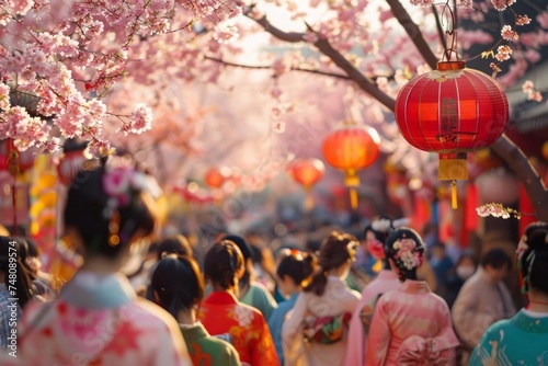 A traditional Chinese celebration during the Spring Equinox. A bustling market square  with people clad in colorful Hanfu clothing  surrounded by blooming cherry blossoms and vibrant lanterns.