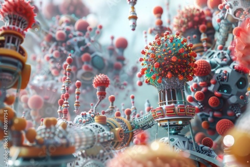 A microscopic view of a bustling metropolis crafted from nanomaterials  with intricately designed nanorobots constructing and maintaining the city at the atomic level.