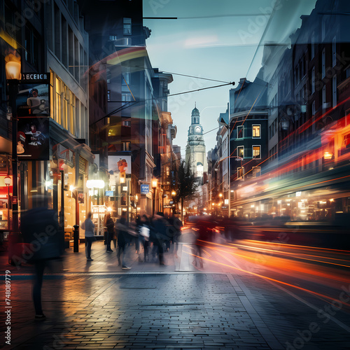 A busy urban street with blurred motion.