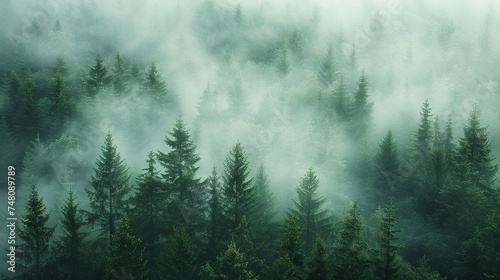 Forest in the fog  top view. Background. Created with Generative AI