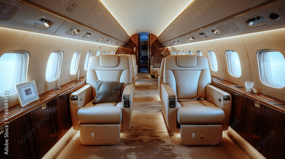 Luxurious interior of a private jet. Premium Busin.
