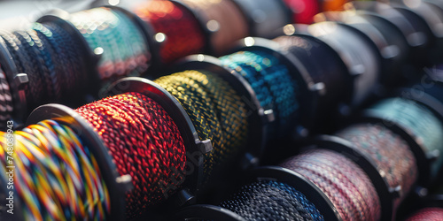 Vibrant Fishing Lines. Close-up of colorful fishing lines wound on reels, monofilament and braided cords, fishing store range.