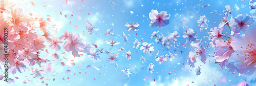 pink blossoms falling from the  sky  on blue sky background, pink cherry blossoms wallpaper banner, empty space background  © Planetz