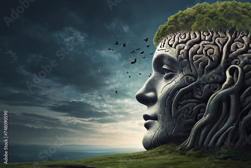 Surreal tree brain with human head cave: Concept of hope, freedom, and imagination. Dream art for fantasy landscapes. SEO-friendly image.