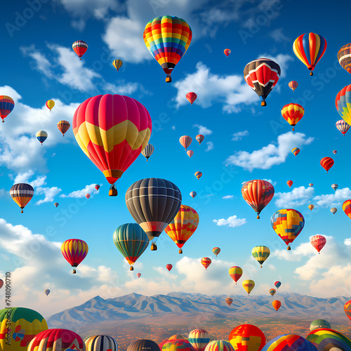 A colorful hot air balloon festival against a clear blue sky.