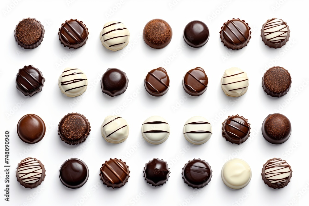 Assorted collection of chocolate candies displayed on a white background, showcasing a variety of flavors and shapes. Assorted collection of chocolate candies displayed on a white background, showcasing a variety of flavors and shapes.