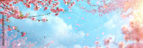 pink blossoms falling from the  sky  on blue sky background,	pink cherry blossoms wallpaper banner, empty space background
 photo