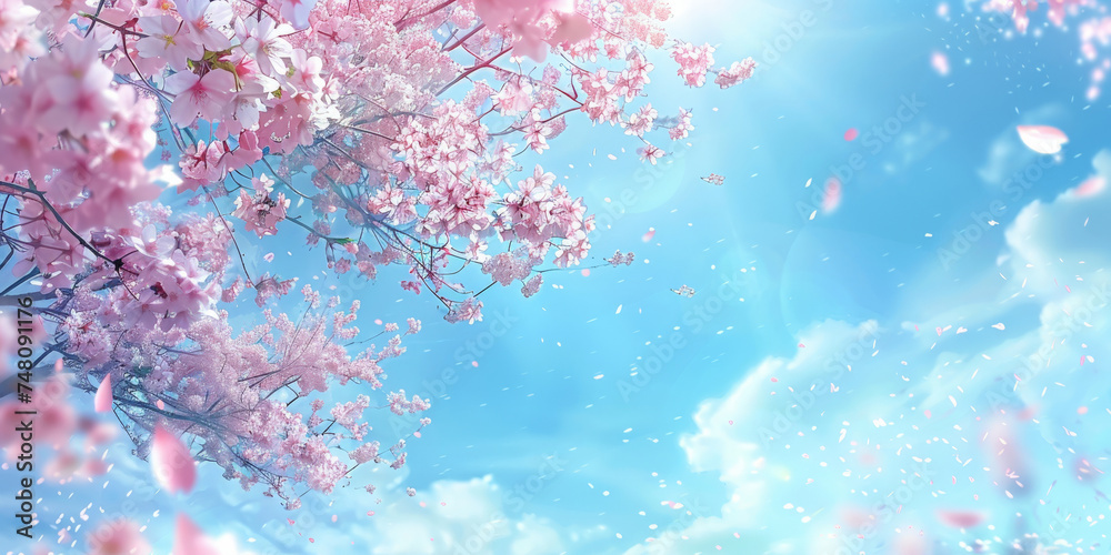 pink blossoms falling from the sky on blue sky background, pink cherry blossoms wallpaper banner, empty space background
pink blossoms falling from the sky on blue sky background, pink cherry blossoms wallpaper banner, empty space background