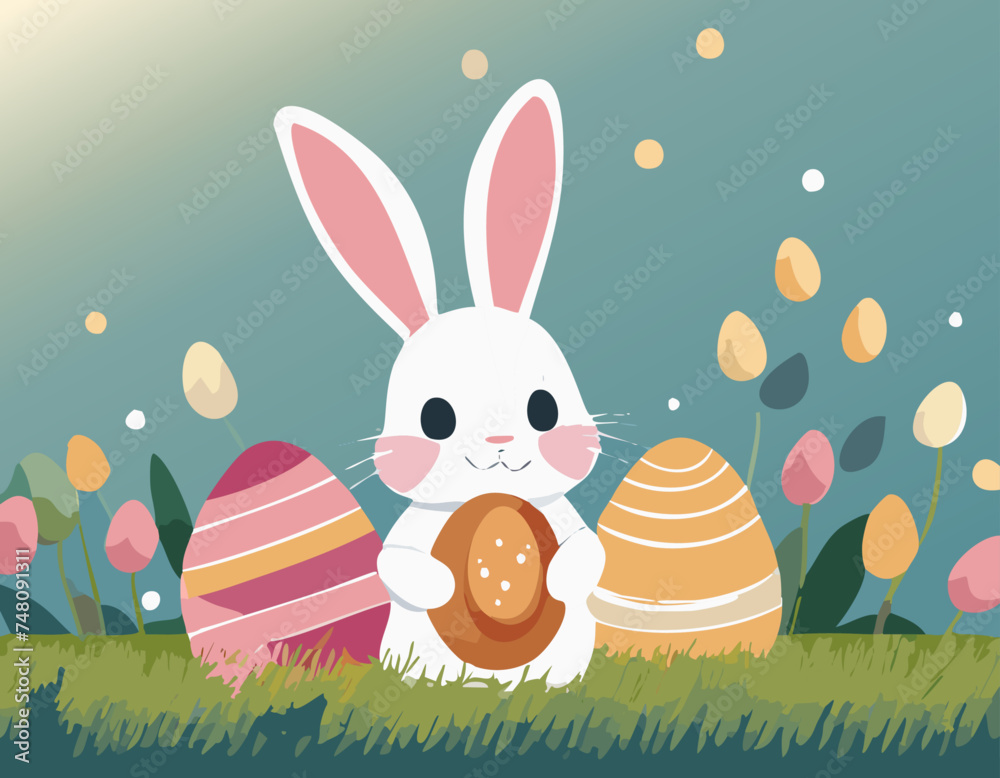 Coelho de Páscoa fofinho em um cenário colorido e com ovos de Páscoa | Cute Easter bunny in a colorful setting with Easter eggs