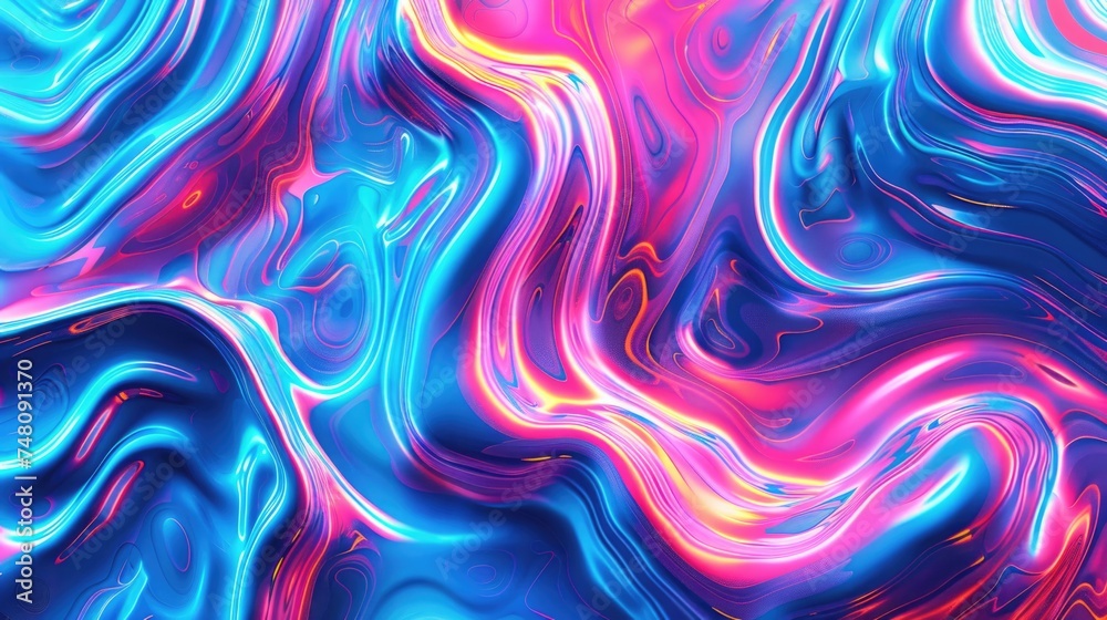 Vibrant Fluid Holographic Texture Background. Dynamic holographic texture with a glossy finish, blending electric blue, neon pink, and bright purple in a liquid-like pattern.

