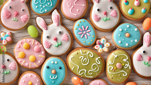 colorful easter ginger cookies in shapes of bunny and eggs photo