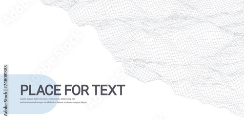 Abstract wireframe waves landscape on white background. Minimalist home page with copy scape