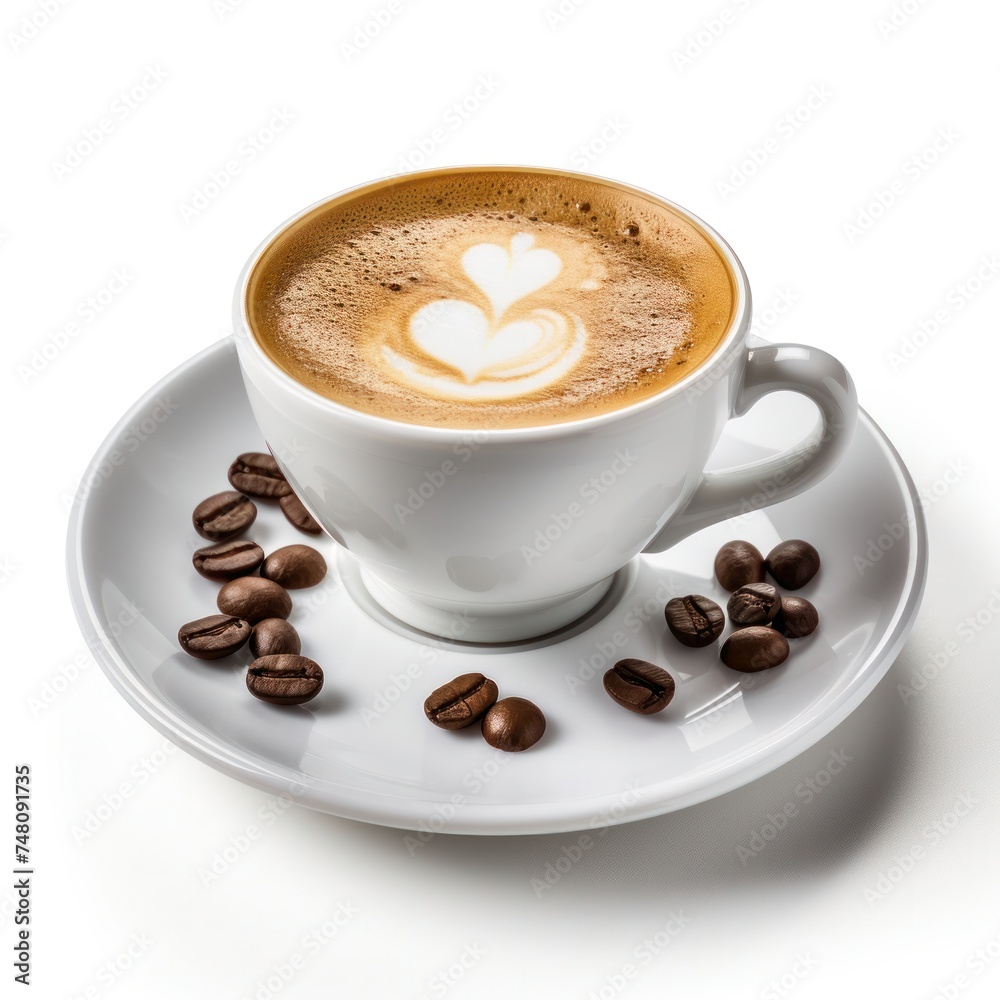 Obraz premium Espresso coffee isolated on white background, close up, cutout minimal. Ultra realistic espresso, icon, detailed. Cafe product advertising
