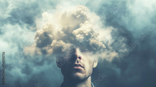 Man head in clouds: depression and fatigue at work.