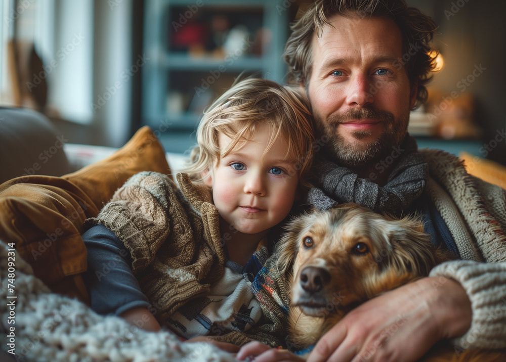 A heartwarming moment as a father and son snuggle on the sofa, wrapped in a warm cover, sharing the coziness with their dog. Capturing a natural and cherished family scene of comfort. A heartwarming moment as a father and son snuggle on the sofa, wrapped in a warm cover, sharing the coziness with their dog. Capturing a natural and cherished family scene of comfort.