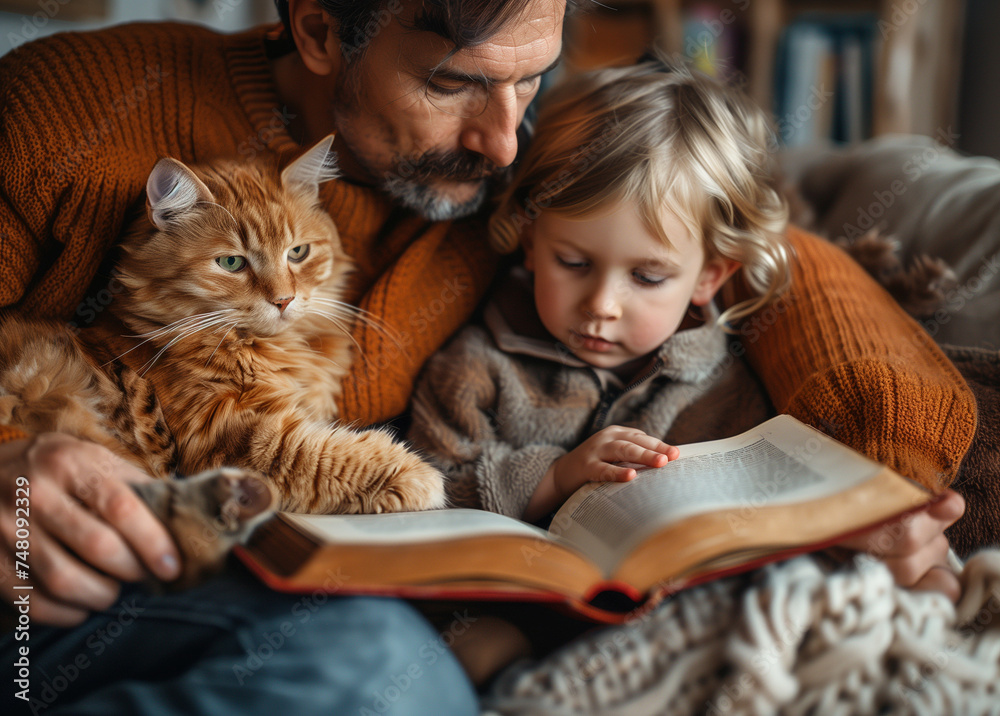 A heartwarming scene unfolds as a father and child read a book together, accompanied by their orange cat. This intimate moment captures the joy of shared stories and the warmth of family bonding. A heartwarming scene unfolds as a father and child read a book together, accompanied by their orange cat. This intimate moment captures the joy of shared stories and the warmth of family bonding.