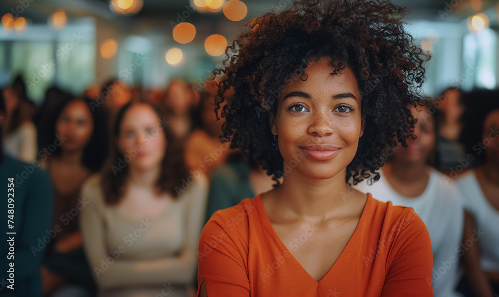 A confident black woman with curly hair stands proudly at the forefront of a lively crowd, sporting an orange top. Her empowering presence shines as she leads with charisma and determination, inspirin A confident black woman with curly hair stands proudly at the forefront of a lively crowd, sporting an orange top. Her empowering presence shines as she leads with charisma and determination, inspirin