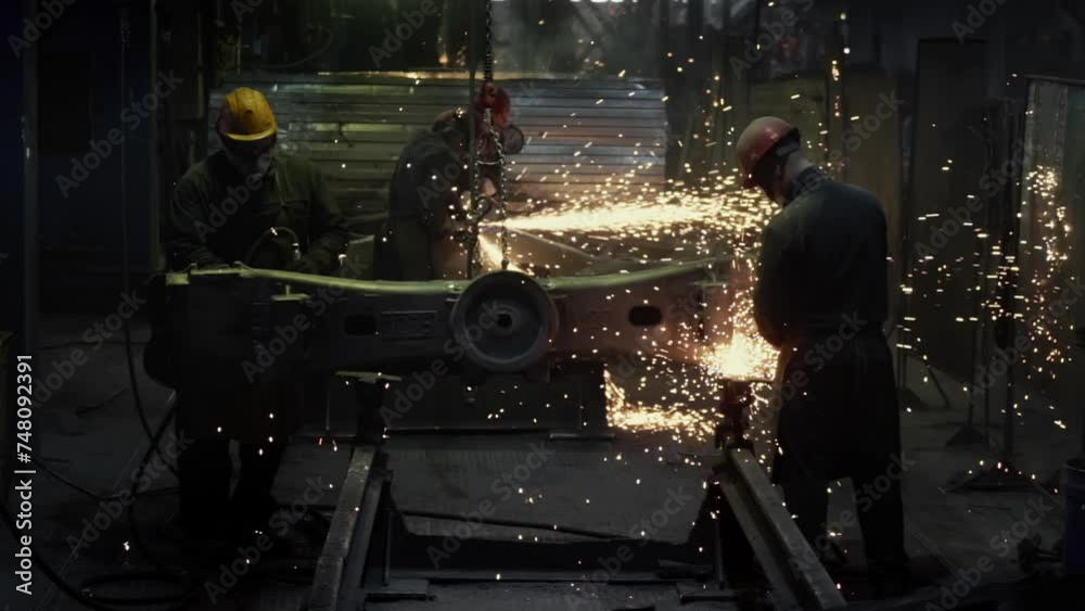 Workers are using grinders to work on a steel product at the metallurgy facility. Grinder tools are pushed against the product at metallurgy factory. Grinders smoothing the item at metallurgy factory.