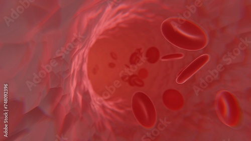 Red blood cells in vessels and veins. Blood cells human circulatory system. Realistic medical abstract background, 3D rendering