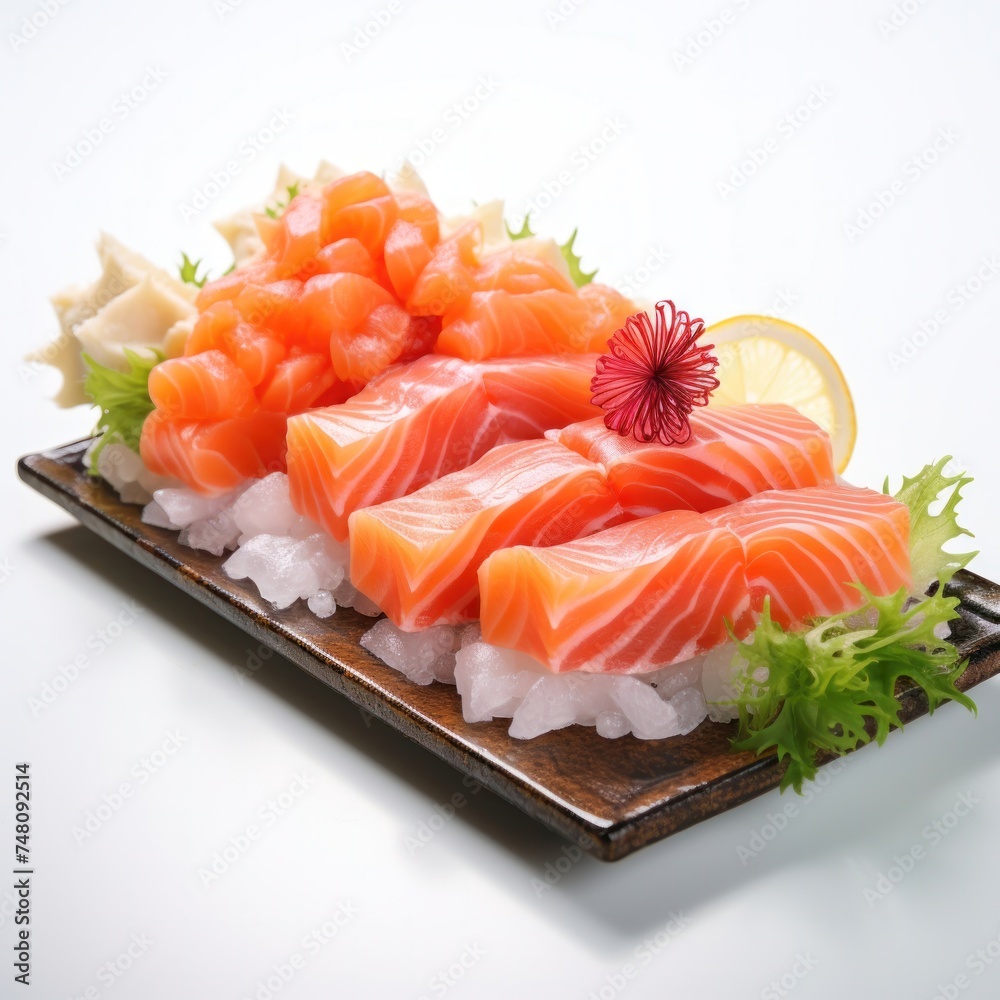 Salmon Fresh Raw Fillet with rise on plate. Sliced salmon, serving food for restaurant, menu, advert or package, close up, selective focus Salmon Fresh Raw Fillet with rise on plate. Sliced salmon, serving food for restaurant, menu, advert or package, close up, selective focus