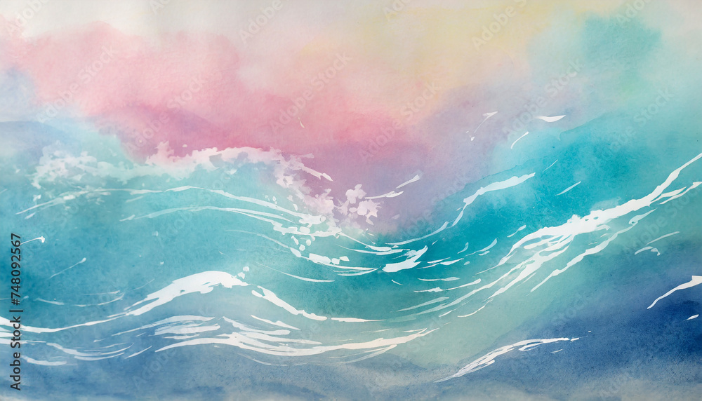 Abstract illustration of watercolor sea waves. Soft pastel pink and blue colors. - obrazy, fototapety, plakaty 