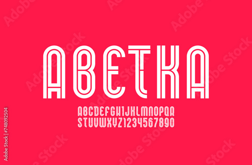 Narrow font, trendy modern alphabet, vector letters and numbers
