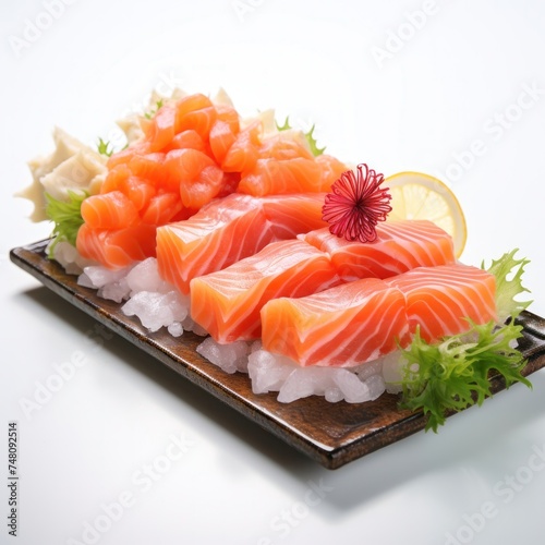Salmon Fresh Raw Fillet with rise on plate. Sliced salmon, serving food for restaurant, menu, advert or package, close up, selective focus