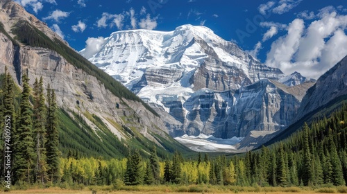 Mount Robson Towering Above Pine Forest photo