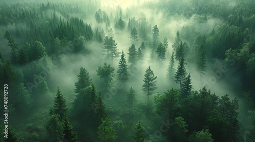 Forest in the fog, top view. Background. Created with Generative AI