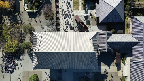 Aerial video above Tokyo's oldest temple, built to honor Kanon, the goddess of mercy. photo