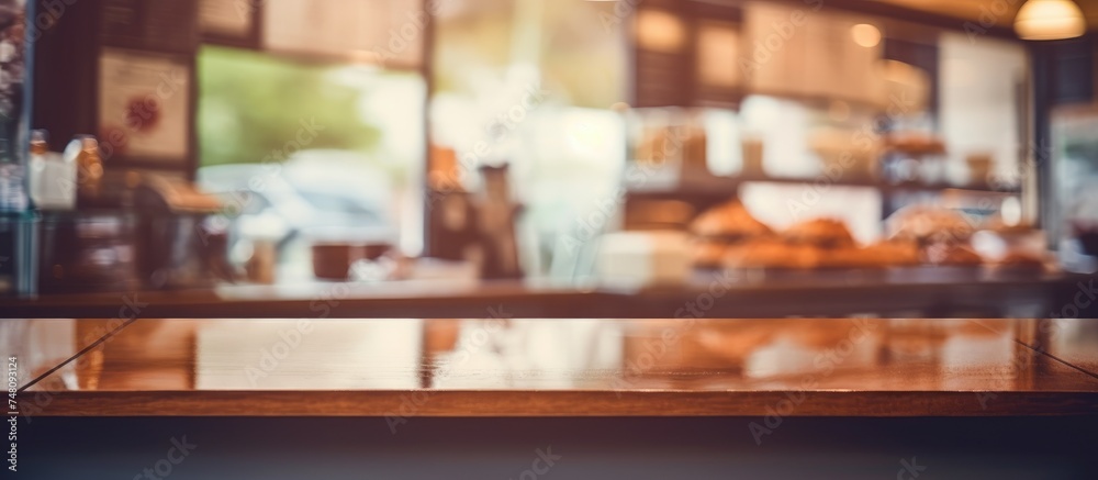 A close-up view of a wooden table in a coffee shop or bakery cafe setting, with a blurred background, creating a cozy and inviting atmosphere.